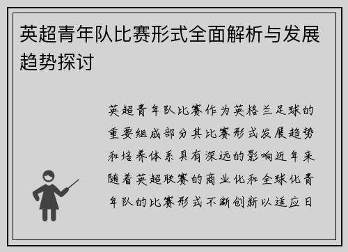 英超青年队比赛形式全面解析与发展趋势探讨