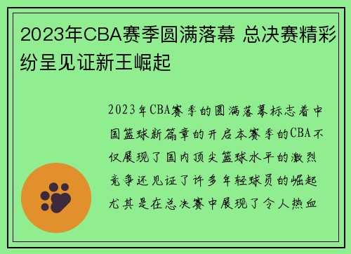 2023年CBA赛季圆满落幕 总决赛精彩纷呈见证新王崛起 2023年CBA赛季圆满落幕 总决赛精彩纷呈见证新王崛起