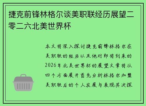 捷克前锋林格尔谈美职联经历展望二零二六北美世界杯 捷克前锋林格尔谈美职联经历展望二零二六北美世界杯